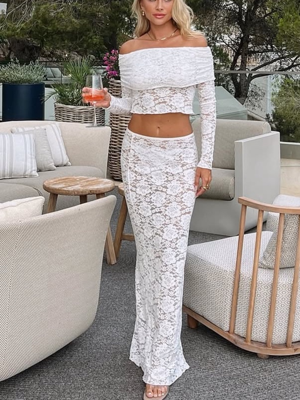 Lace Off-Shoulder Maxi Skirt Set - White